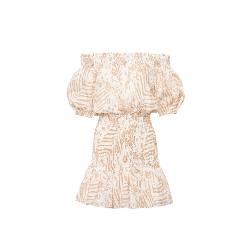 SABO LUXE Camari Linen Dress Smocked Patterned Ruffle Hem‎ White Beige Women's S